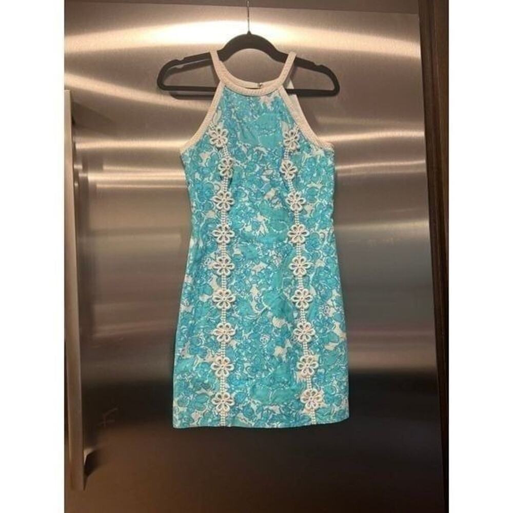 Lilly Pulitzer Pearl Halter Shift Dress Size 2 Ski Blue White Floral Cotton